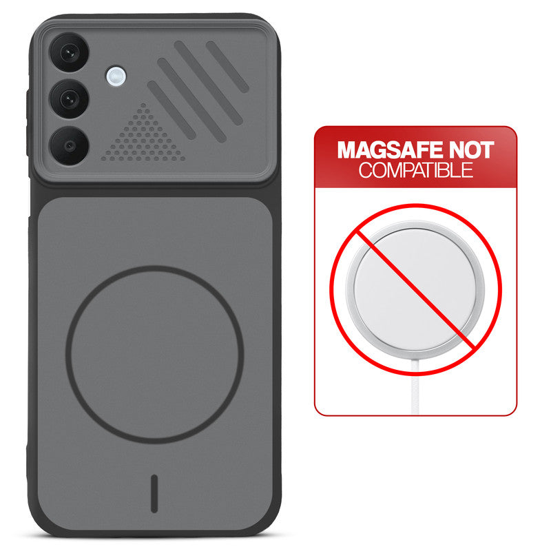 Black back cover for Samsung A26 5G with printed ring pattern and message showing not compatible with MagSafe charging.
