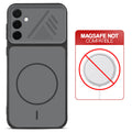 Black back cover for Samsung A36 5G with printed ring pattern and message showing not compatible with MagSafe charging.