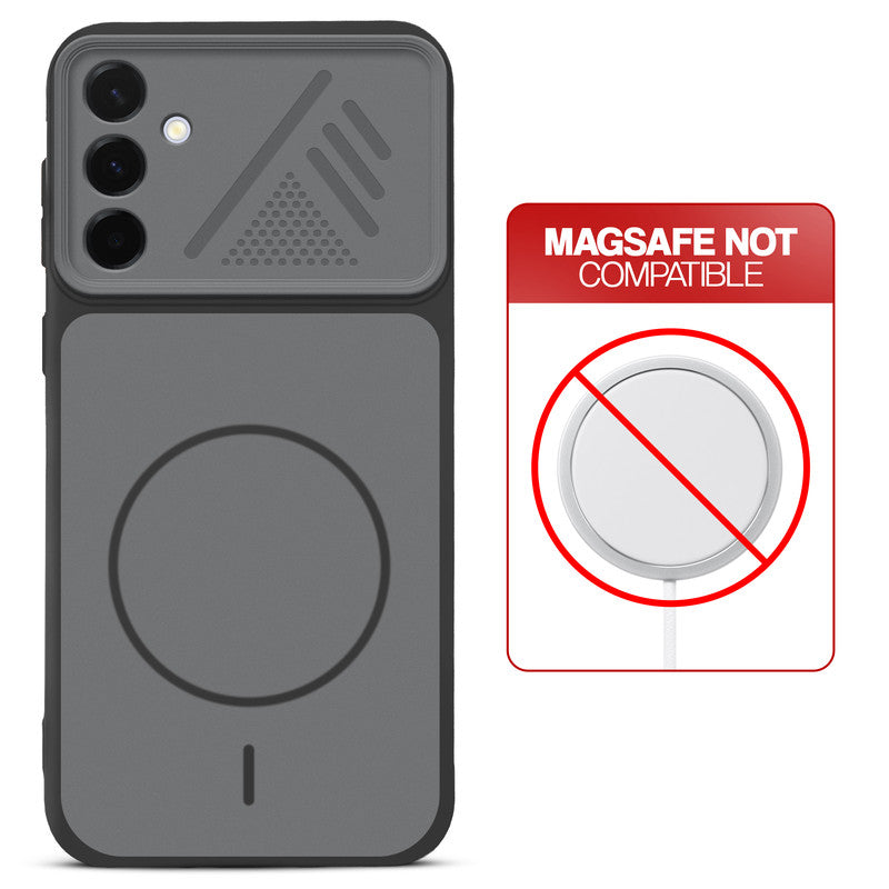 Black back cover for Samsung A36 5G with printed ring pattern and message showing not compatible with MagSafe charging.