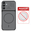 Black back cover for Samsung A37 5G with printed ring pattern and message showing not compatible with MagSafe charging.