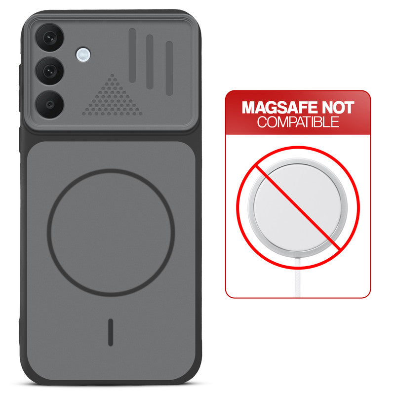 Black back cover for Samsung A37 5G with printed ring pattern and message showing not compatible with MagSafe charging.