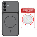 Black back cover for Samsung A57 5G with printed ring pattern and message showing not compatible with MagSafe charging.