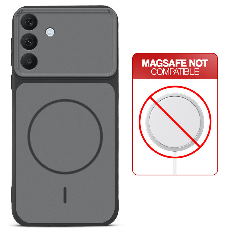 Black back cover for Samsung A57 5G with printed ring pattern and message showing not compatible with MagSafe charging.