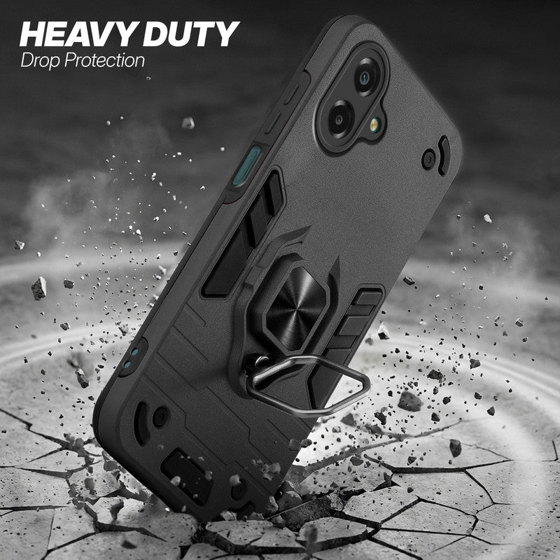 Samsung F07 protective case illustrating impact drop protection with an impact-resistant frame.