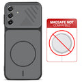 Black back cover for Samsung F17 5G  with printed ring pattern and message showing not compatible with MagSafe charging.