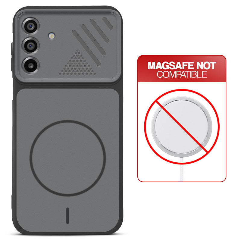 Black back cover for Samsung F17 5G  with printed ring pattern and message showing not compatible with MagSafe charging.