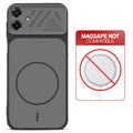 Black back cover for Samsung M07 with printed ring pattern and message showing not compatible with MagSafe charging.