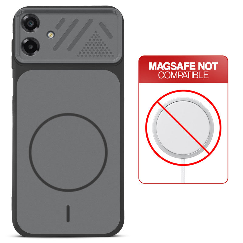 Black back cover for Samsung M07 with printed ring pattern and message showing not compatible with MagSafe charging.