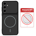 Black back cover for Samsung S24 FE 5G with printed ring pattern and message showing not compatible with MagSafe charging.