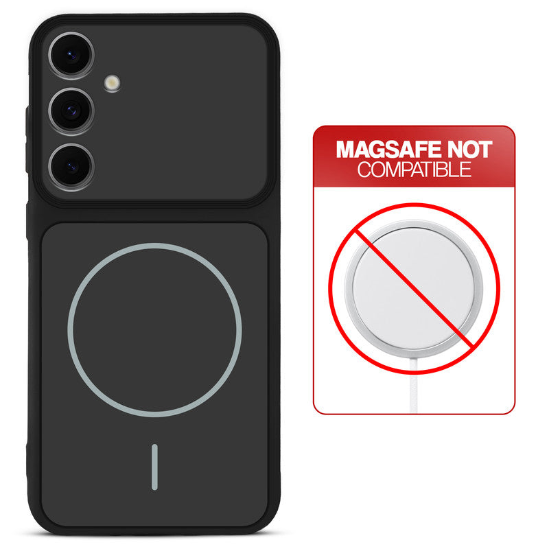 Black back cover for Samsung S24 FE 5G with printed ring pattern and message showing not compatible with MagSafe charging.