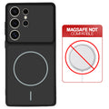 Black back cover for Samsung S24 Ultra 5G with printed ring pattern and message showing not compatible with MagSafe charging.