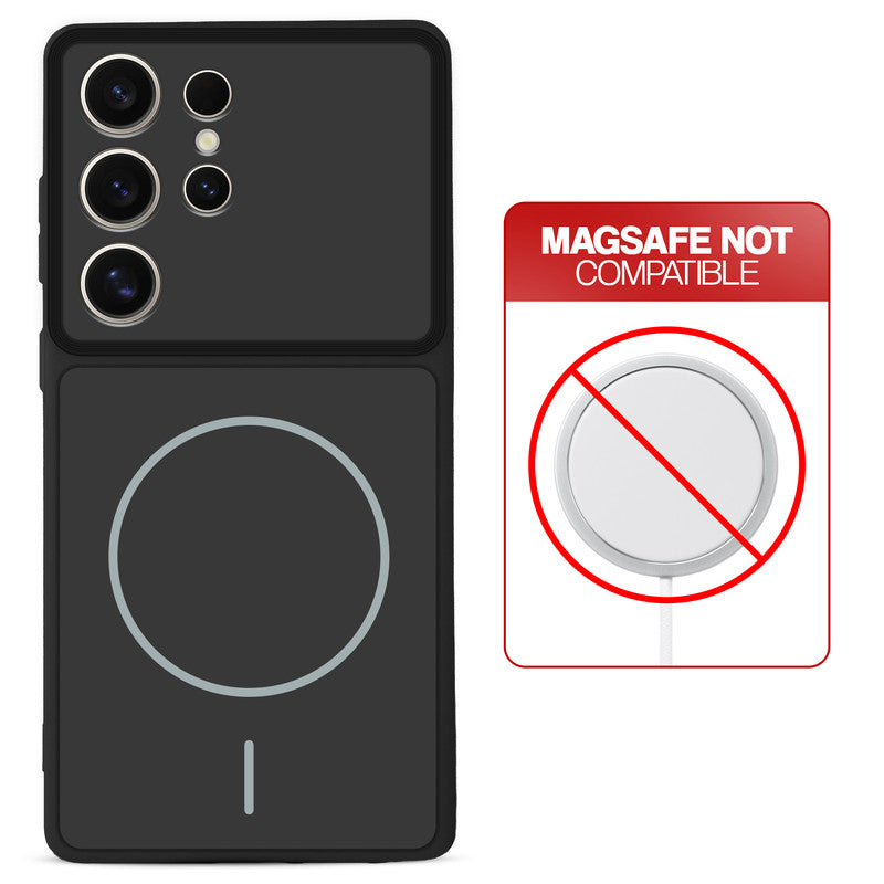 Black back cover for Samsung S24 Ultra 5G with printed ring pattern and message showing not compatible with MagSafe charging.
