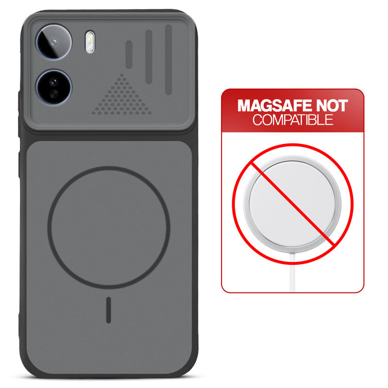 Black back cover for Vivo T5 Pro 5G with printed ring pattern and message showing not compatible with MagSafe charging.