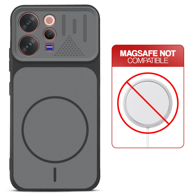 Black back cover for Vivo V70 5G with printed ring pattern and message showing not compatible with MagSafe charging.