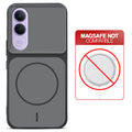 Black back cover for Vivo V70 FE 5G with printed ring pattern and message showing not compatible with MagSafe charging.