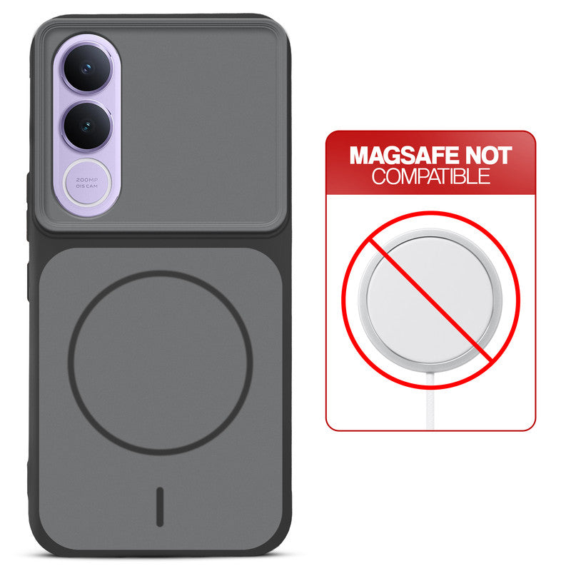 Black back cover for Vivo V70 FE 5G with printed ring pattern and message showing not compatible with MagSafe charging.