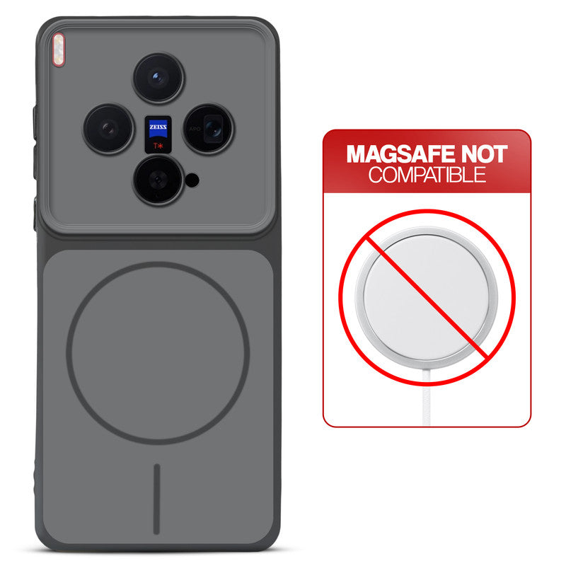 Dual tone silicone Black phone cover for Vivo X300 5G showing wireless charging not supported notice