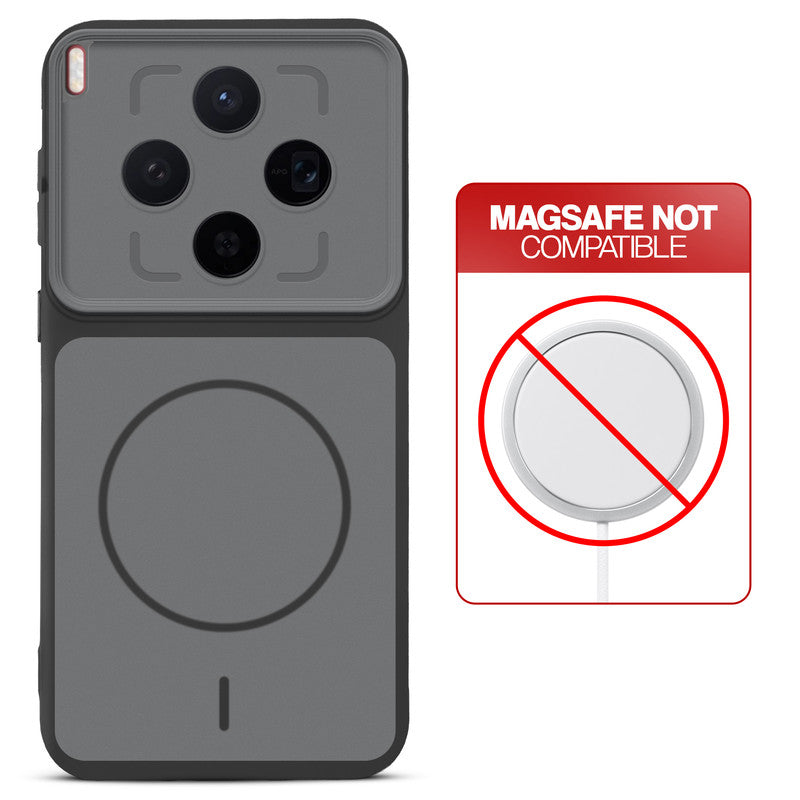 Black back cover forMotorola Vivo X300 5G with printed ring pattern and message showing not compatible with MagSafe charging.
