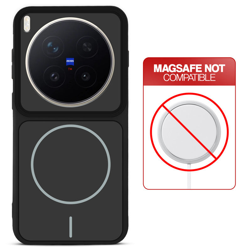 Black back cover for Vivo X300 Pro 5G with printed ring pattern and message showing not compatible with MagSafe charging.
