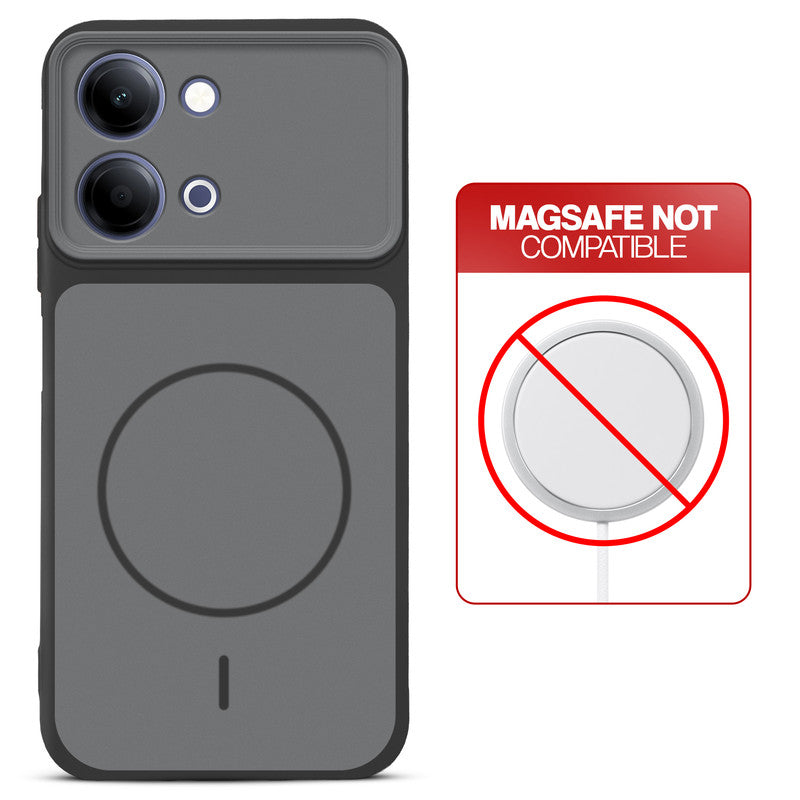 Black back cover for Vivo Y21 5G with printed ring pattern and message showing not compatible with MagSafe charging.