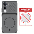 Black back cover for Vivo Y400 5G with printed ring pattern and message showing not compatible with MagSafe charging.