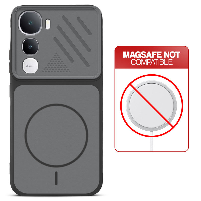Black back cover for Vivo Y400 5G with printed ring pattern and message showing not compatible with MagSafe charging.