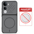 Black back cover for Vivo Y400 Pro 5G with printed ring pattern and message showing not compatible with MagSafe charging.