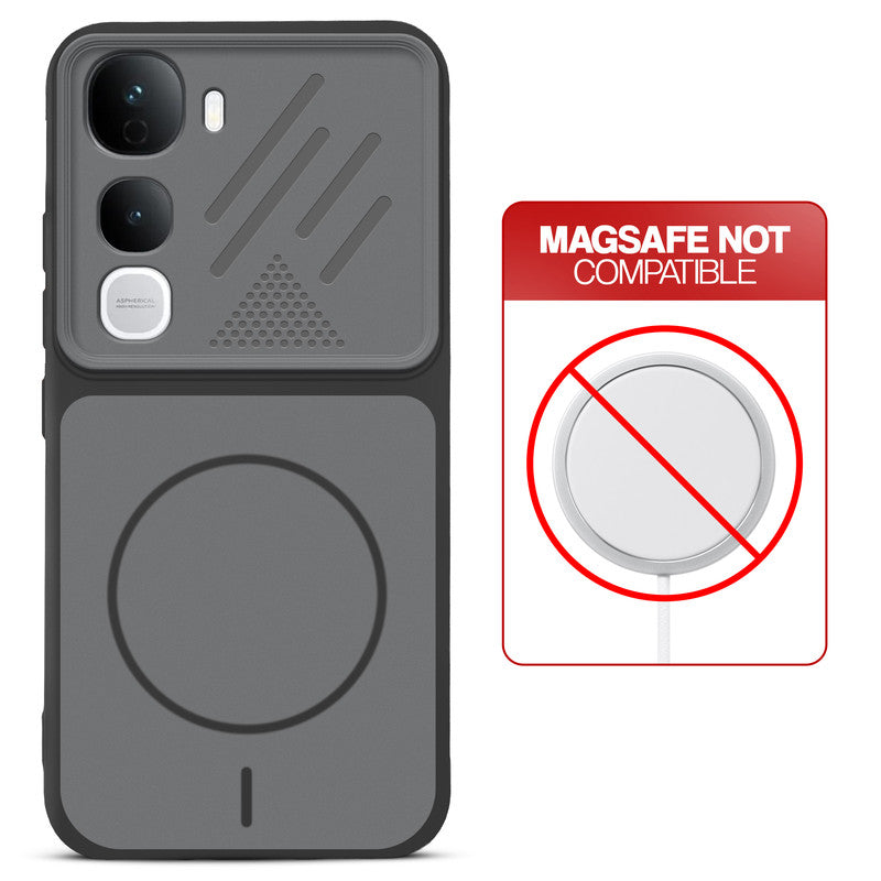 Black back cover for Vivo Y400 Pro 5G with printed ring pattern and message showing not compatible with MagSafe charging.