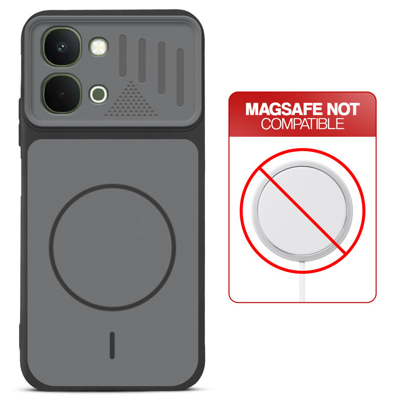 Black back cover for Vivo Y51 Pro 5G with printed ring pattern and message showing not compatible with MagSafe charging.
