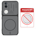Black back cover for iQOO Z10R 5G with printed ring pattern and message showing not compatible with MagSafe charging.