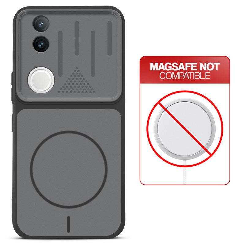 Black back cover for iQOO Z10R 5G with printed ring pattern and message showing not compatible with MagSafe charging.