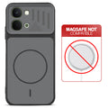 Black back cover for iQOO Z11x 5G with printed ring pattern and message showing not compatible with MagSafe charging.