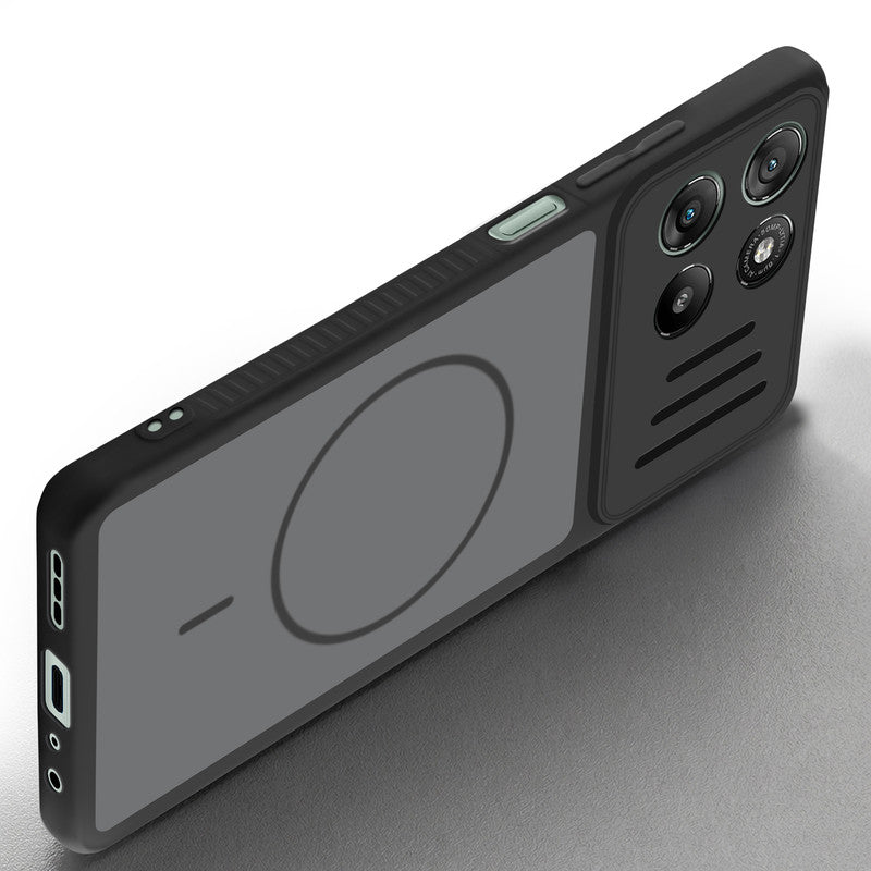 Angled view of Black mobile case for Motorola G57 Power 5G with proper charging port cutout, speaker holes and strong corner protection.