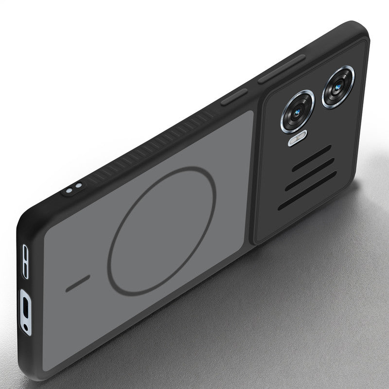 Angled view of Black mobile case for Motorola Moto G96 5G with proper charging port cutout, speaker holes and strong corner protection.