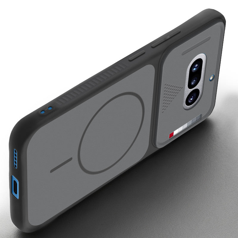 Angled view of Black mobile case for Nothing Phone 4A 5G with proper charging port cutout, speaker holes and strong corner protection.