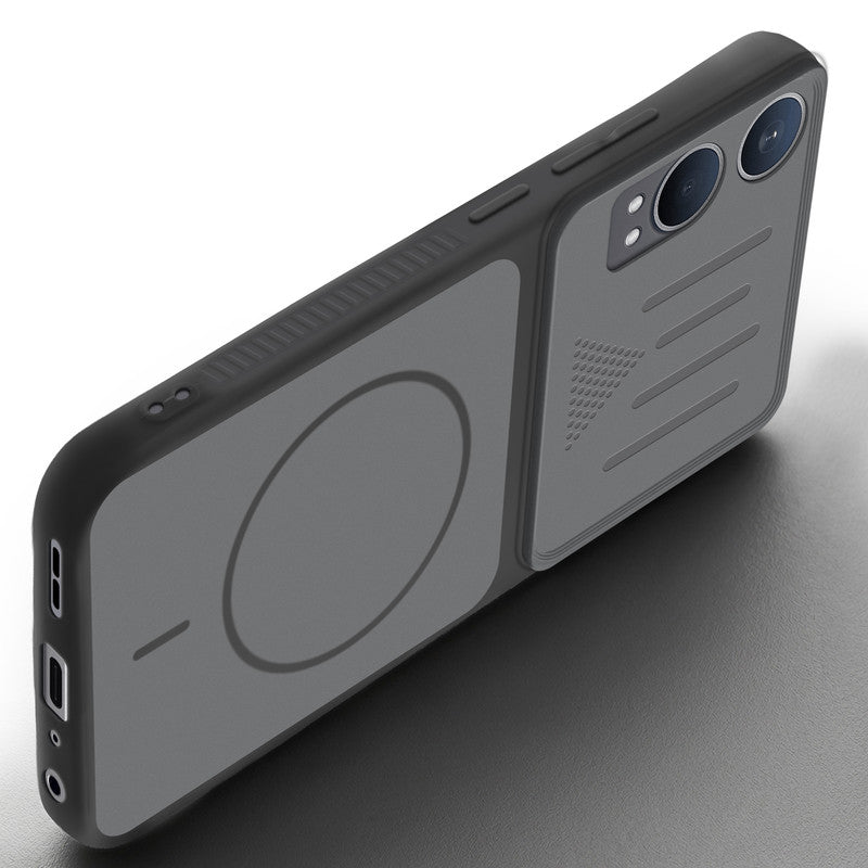 Angled view of Black mobile case for OnePlus Nord CE 4 Lite 5G with proper charging port cutout, speaker holes and strong corner protection.