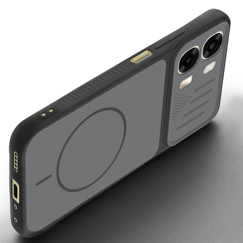 Angled view of Black mobile case for Oppo A6 Pro 5G with proper charging port cutout, speaker holes and strong corner protection.