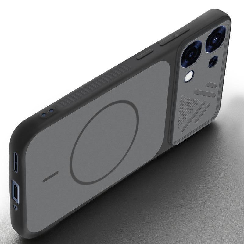 Angled view of Black mobile case for Oppo F31 5G with proper charging port cutout, speaker holes and strong corner protection.