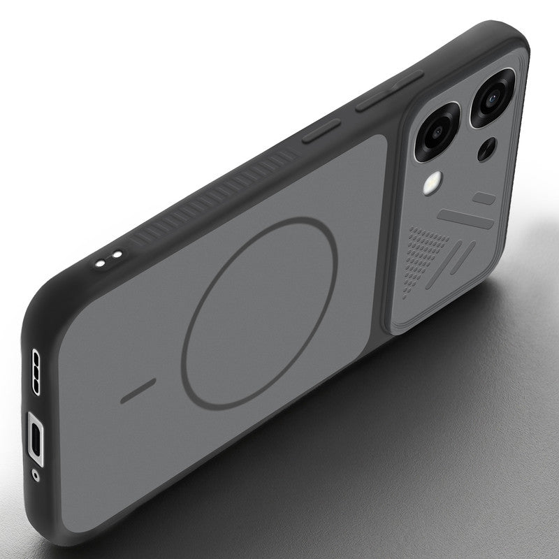 Angled view of Black mobile case for Oppo F33 5G with proper charging port cutout, speaker holes and strong corner protection.