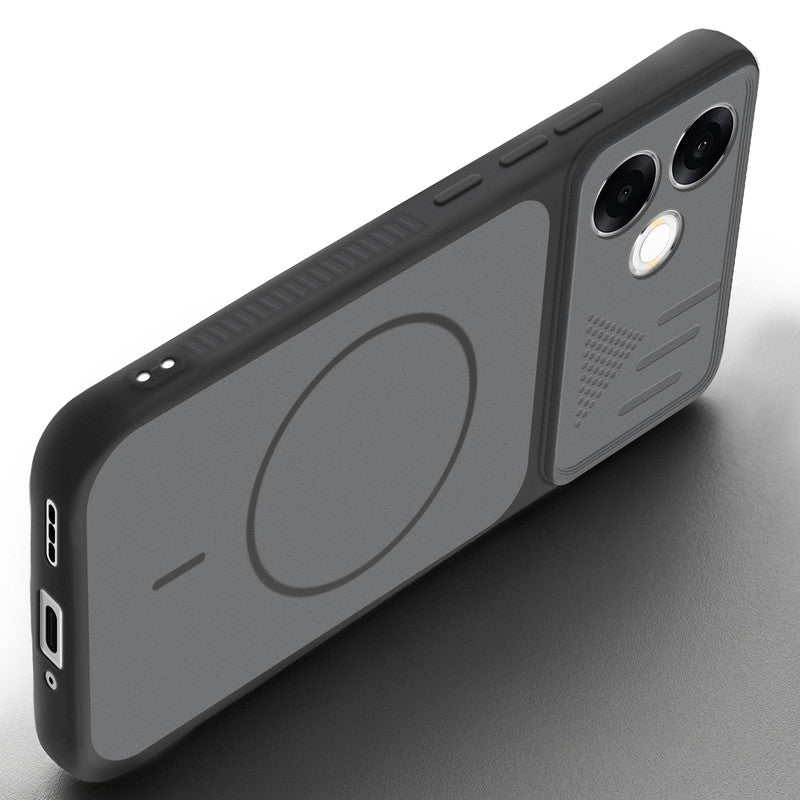 Angled view of Black mobile case for Oppo F33 Pro 5G with proper charging port cutout, speaker holes and strong corner protection.