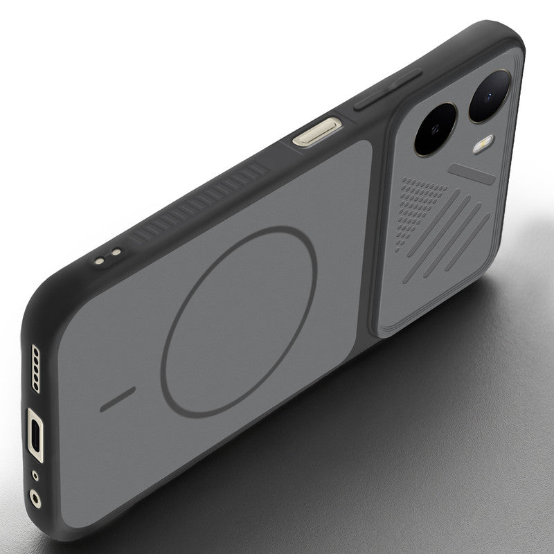 Angled view of Black mobile case for Poco C85x 5G with proper charging port cutout, speaker holes and strong corner protection.