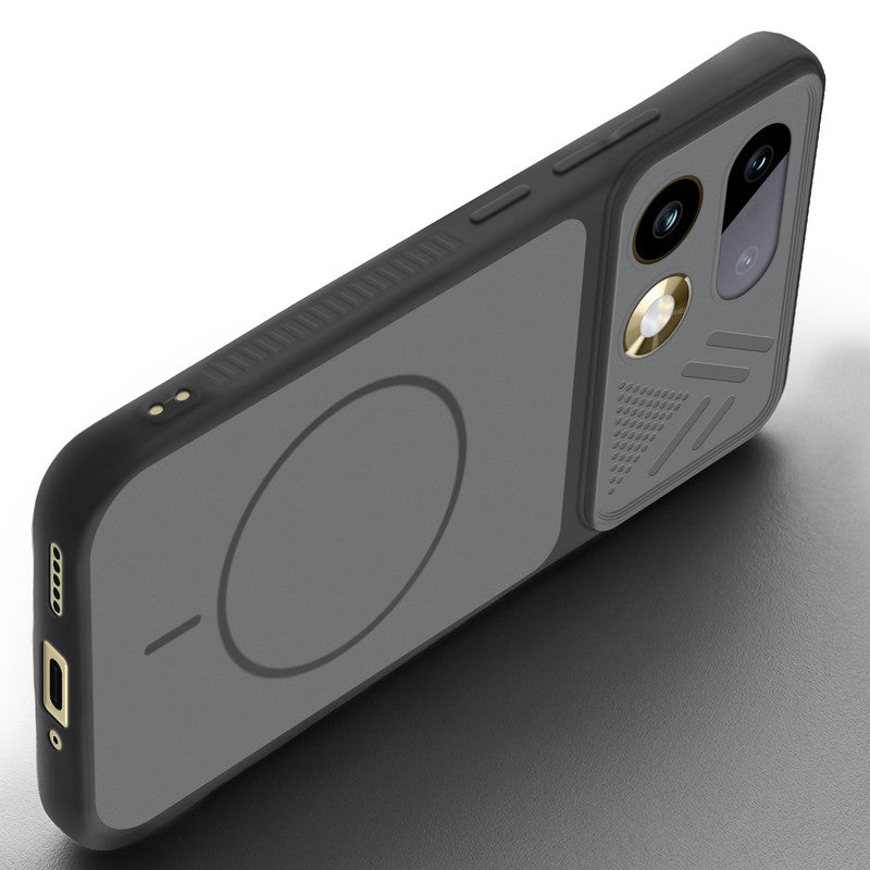 Angled view of Black mobile case for Realme 16 Pro 5G with proper charging port cutout, speaker holes and strong corner protection.