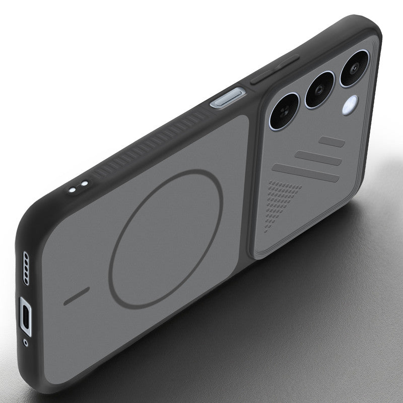 Angled view of Black mobile case for Realme C83 5G with proper charging port cutout, speaker holes and strong corner protection.