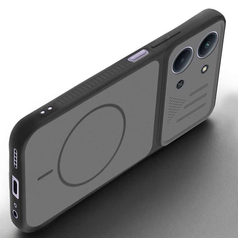 Angled view of Black mobile case for Redmi 15C 5G with proper charging port cutout, speaker holes and strong corner protection.