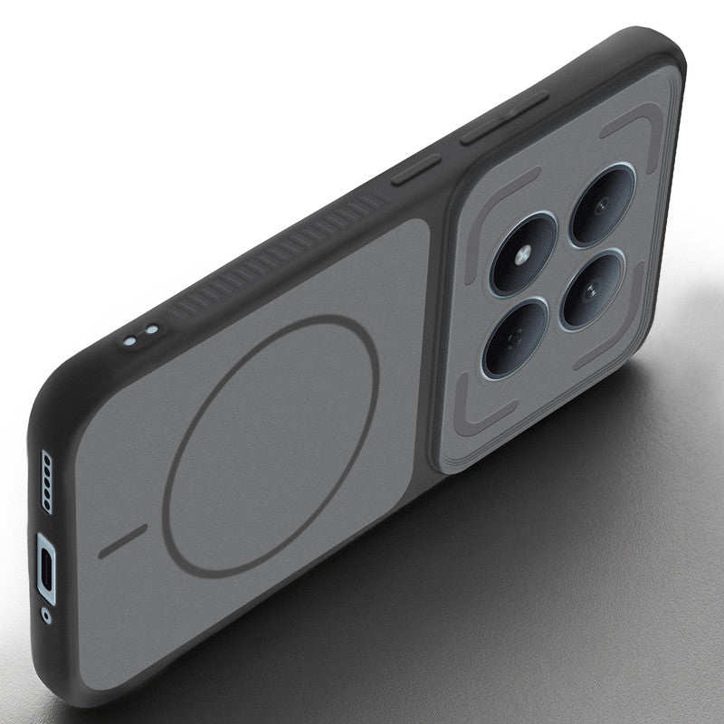 Angled view of Black mobile case for Redmi Note 15 Pro 5G with proper charging port cutout, speaker holes and strong corner protection.