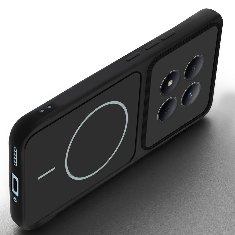 Angled view of Black mobile case for Redmi Note 15 Pro 5G with proper charging port cutout, speaker holes and strong corner protection.