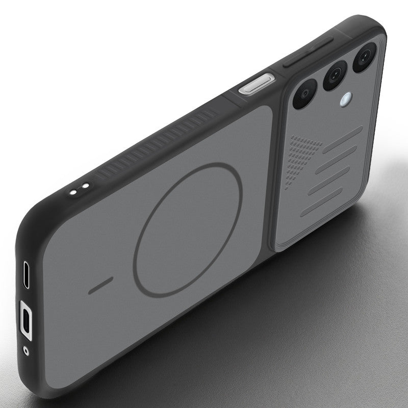 Angled view of Black mobile case for Samsung A16 5G with proper charging port cutout, speaker holes and strong corner protection.