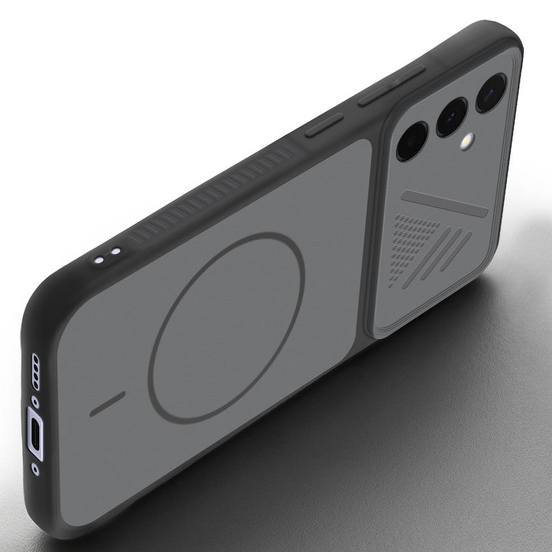 Angled view of Black mobile case for Samsung A36 5G with proper charging port cutout, speaker holes and strong corner protection.