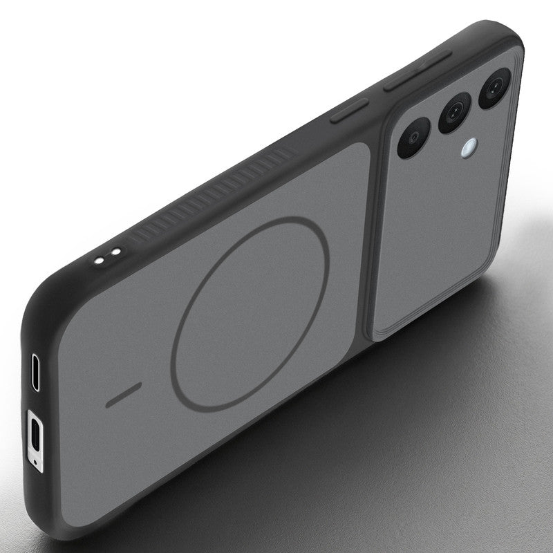 Angled view of Black mobile case for Samsung A57 5G with proper charging port cutout, speaker holes and strong corner protection.
