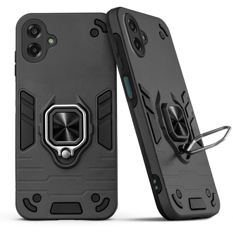 Back view of Samsung F07 case highlighting the built-in rotating metal ring holder
